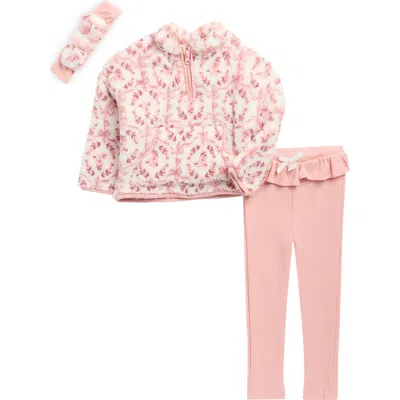 Nicole Miller Babies'  Faux Shearling Sweatshirt, Waffle Knit Leggings & Headband Set In Pink