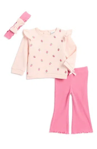 Nicole Miller Babies'  Strawberry Fleece Top, Rib Flare Pant & Headband Set In Peach Blush