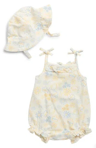 Nicole Miller Babies'  Floral Bubble Romper & Sun Hat Set In Neutral