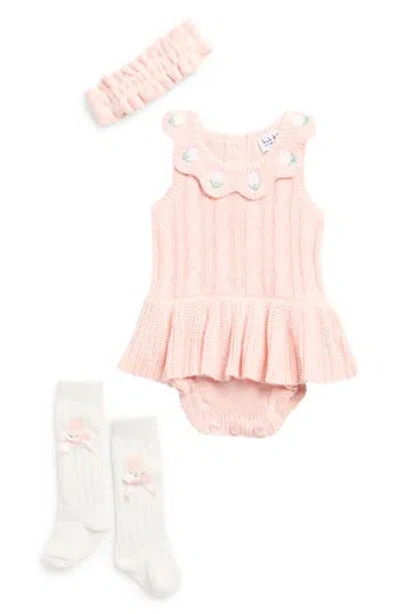 Nicole Miller Babies'  Floral Embroidered Sweater Romper, Headband & Socks Set In Pink