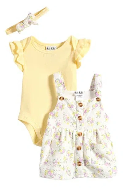 Nicole Miller Babies'  Floral Jumper, Bodysuit & Headband Set In Yellow