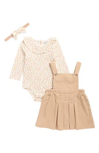 Nicole Miller Babies'  Floral Long Sleeve Bodysuit, Corduroy Overall Dress & Headband Set In Multi