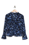 Nicole Miller Floral Long Sleeve Twisted Front Top In Blue