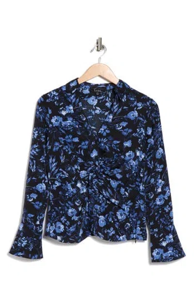 Nicole Miller Floral Long Sleeve Twisted Front Top In Blue