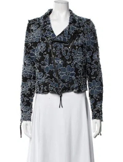 Pre-owned Nicole Miller Floral Print Biker Jacket In Blue