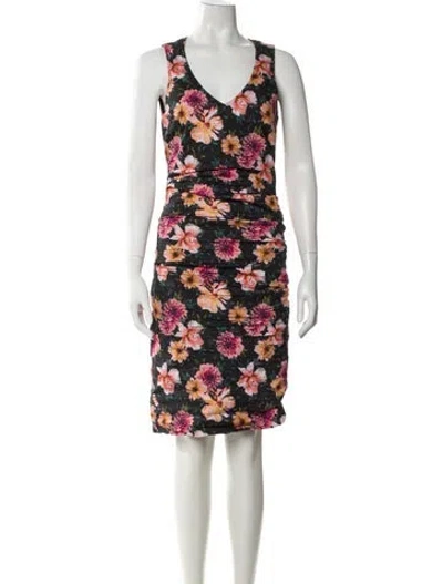 Pre-owned Nicole Miller Floral Print Knee-length Dress In Black
