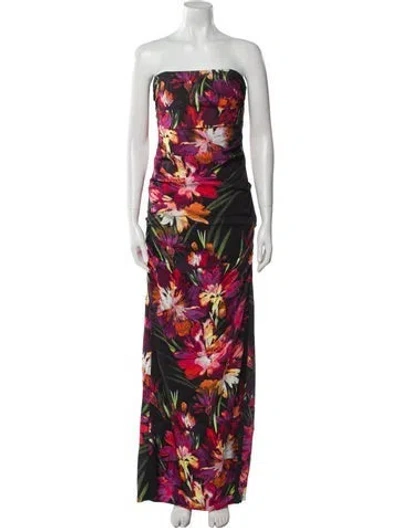 Pre-owned Nicole Miller Floral Print Long Dress In Black/purple