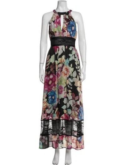 Pre-owned Nicole Miller Floral Print Long Dress In Green