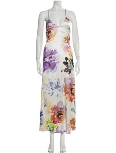 Pre-owned Nicole Miller Floral Print Long Dress In Neutrals