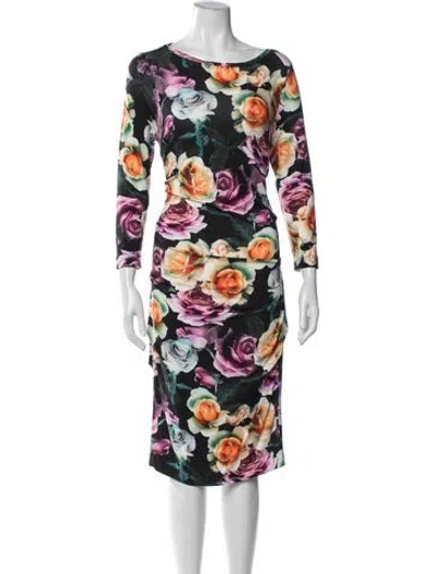 Pre-owned Nicole Miller Floral Print Midi Length Dress In Black
