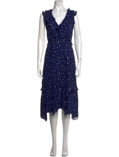 Pre-owned Nicole Miller Floral Print Midi Length Dress W/ Tags In Blue