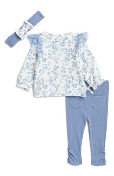 Nicole Miller Babies'  Floral Print Ruffle Top, Knit Rib Leggings & Headband Set In Blue