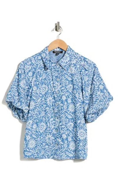 Nicole Miller Floral Puff Sleeve Button-up Shirt In Blue