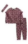 Nicole Miller Floral Ruffle Fleece Sweatshirt, Joggers & Headband Set In Purple