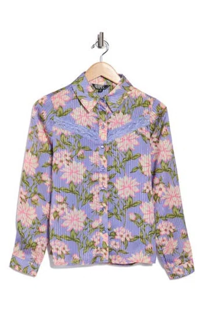 Nicole Miller Floral Shadow Stripe Long Sleeve Snap Front Shirt In Blue