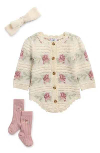 Nicole Miller Babies'  Floral Stripe Sweater Romper, Headband & Socks Set In Neutral