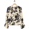 Nicole Miller Floral V-neck Long Sleeve Top In Black