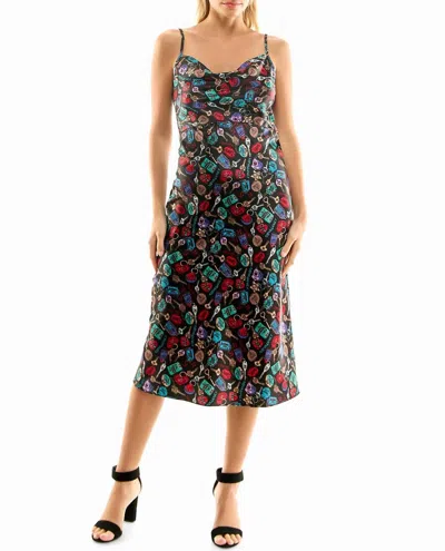 Nicole Miller Gabriella Satin Midi Slip Dress In Keys In Multi
