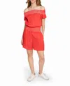 Nicole Miller Garment Dyed Off The Shoulder Romper In Poppy In Multi