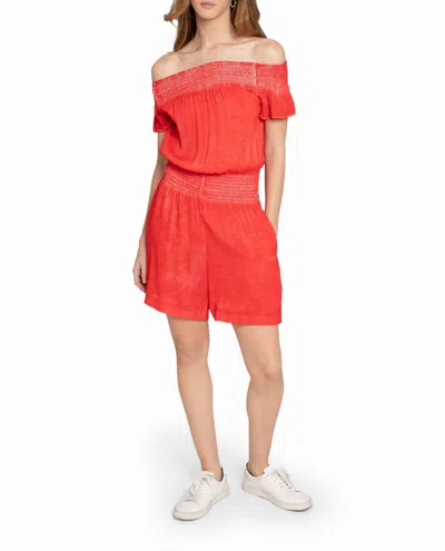 Nicole Miller Garment Dyed Off The Shoulder Romper In Poppy In Multi