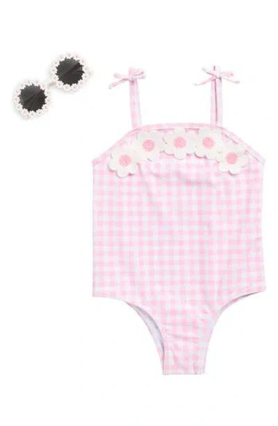 Nicole Miller Babies'  Gingham One-piece Swimsuit & Floral Sunglasses Set In Pink