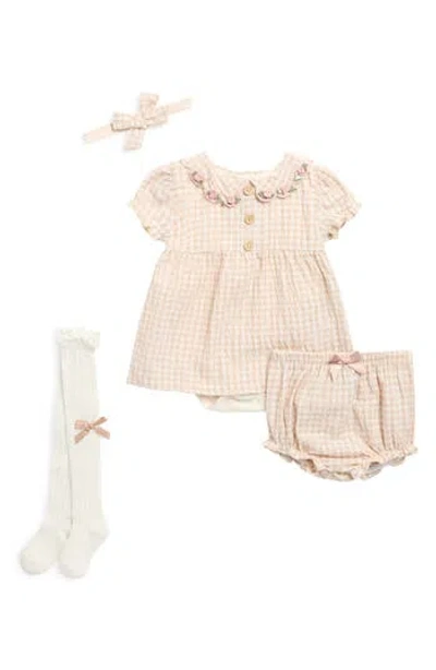 Nicole Miller Babies'  Gingham Skirted Bodysuit, Bloomers, Socks & Headband Set In Pink