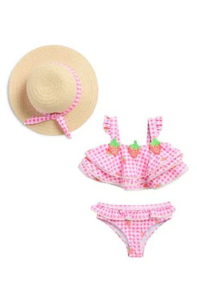 Nicole Miller Babies'  Gingham Strawberry Two-piece Swimsuit & Hat Set In Pink