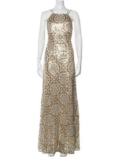 Pre-owned Nicole Miller Graphic Print Long Dress In Gold