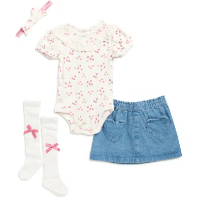 Nicole Miller Babies'  Hearts Bodysuit, Skirt, Headband & Socks Set In White