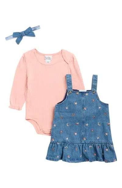 Nicole Miller Babies'  Kids' 3-piece Denim Jumper, Bodysuit & Headband Set In Pink