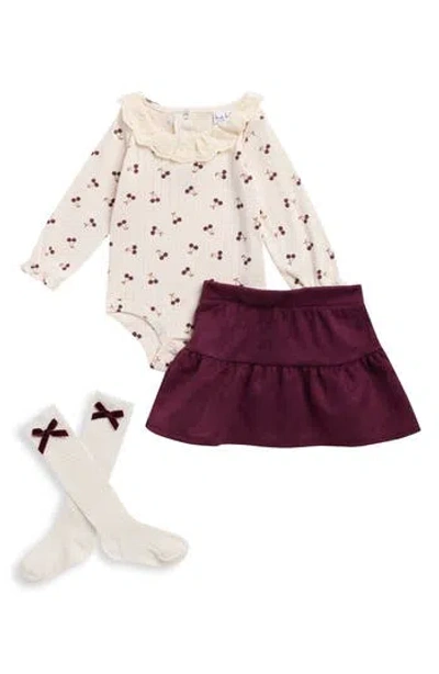 Nicole Miller Babies'  Kids' Cherry Bodysuit, Skirt & Socks Set In Brown