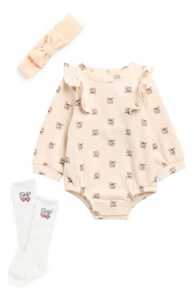Nicole Miller Babies'  Kids' Fleece Cherry Graphic Bodysuit, Socks & Headband Set In Neutral