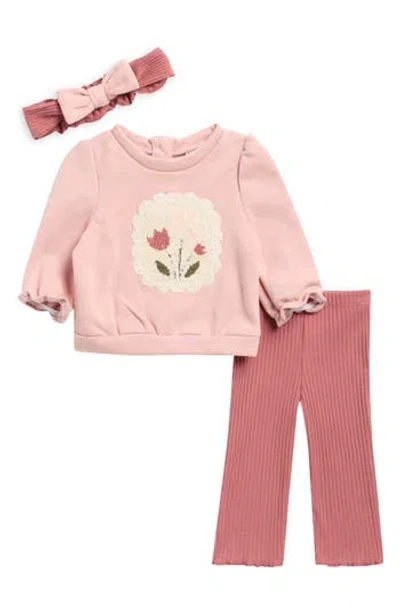Nicole Miller Babies'  Kids' Floral Applique Fleece Sweatshirt, Pants & Headband Set In Multi