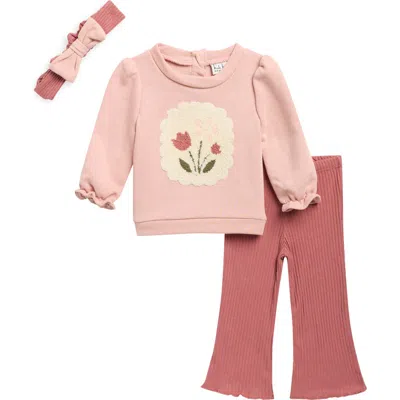 Nicole Miller Babies'  Kids' Floral Applique Fleece Top, Ribbed Leggings & Headband Set In Multi