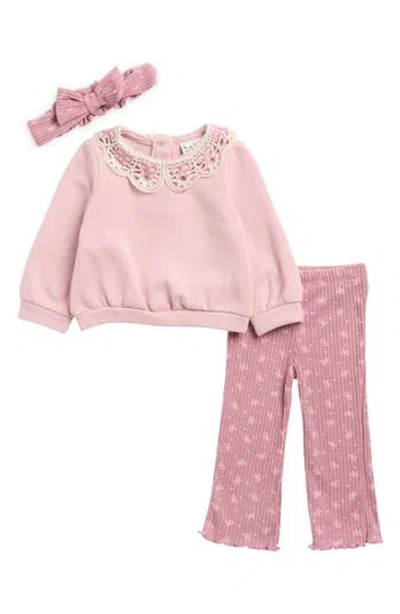 Nicole Miller Babies'  Kids' Lace Collar Fleece Top, Pants & Headband Set In Pink