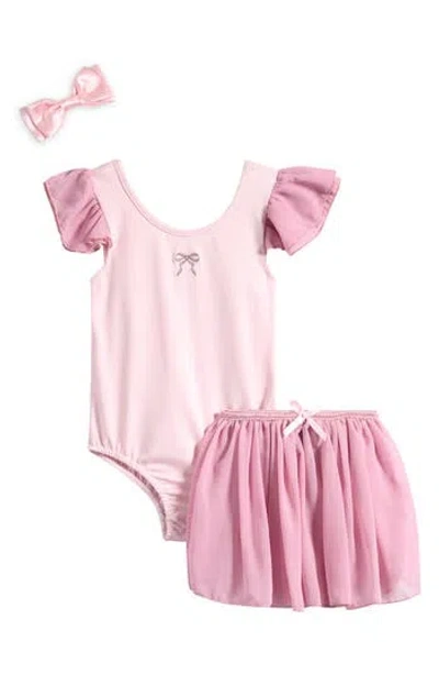 Nicole Miller Kids' Leotard, Skater Skirt & Bow Clip Set In Pink