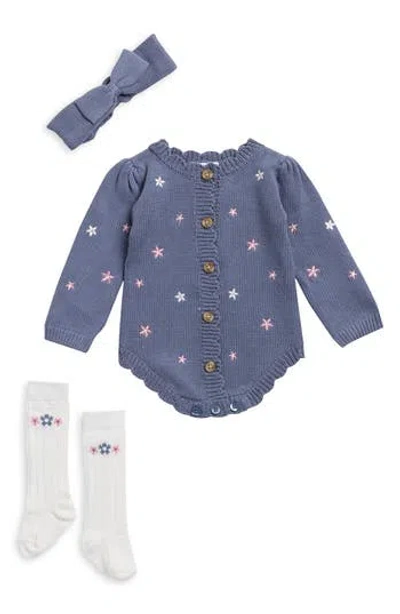 Nicole Miller Babies'  Knit Romper, Headband & Socks Set In Blue