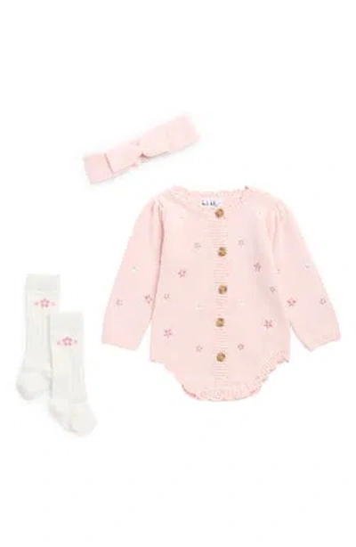 Nicole Miller Babies'  Knit Romper, Headband & Socks Set In Pink