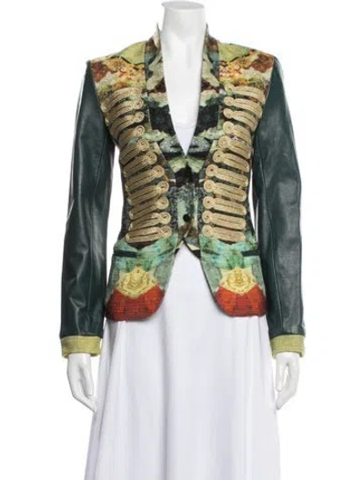 Pre-owned Nicole Miller Lamb Leather Graphic Print Blazer In Green