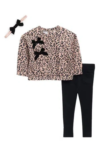 Nicole Miller Babies'  Leopard Fleece Sweatshirt, Leggings & Headband Set In Multi