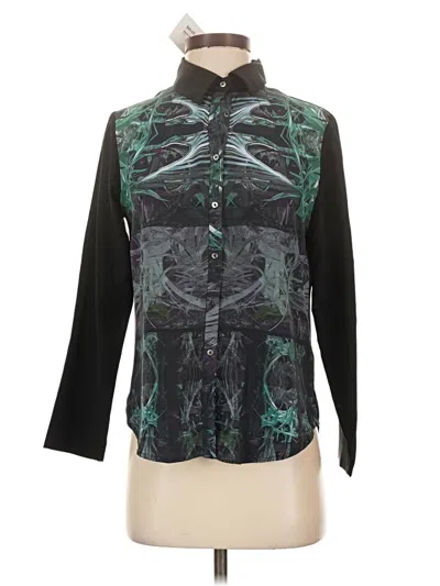 Nicole Miller Long Sleeve Silk Top Black Print Pattern Mock Neckline Tops