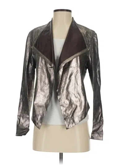 Pre-owned Nicole Miller Long Sleeve Top Silver Metallic Pattern Plunge Neckline Tops