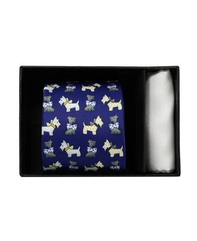 Nicole Miller Men's Dog Print Classic Tie And Pocket Square, 2-piece Set In Blue