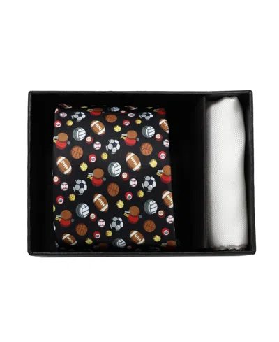 Nicole Miller Men's Sports Theme Tie And Pocket Square, 2-piece Set In Black