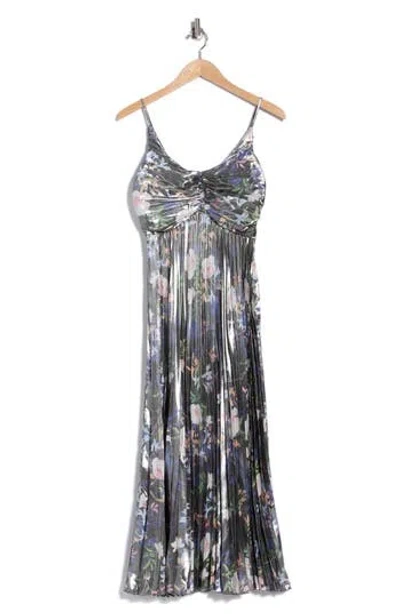 Nicole Miller Metallic Floral Empire Waist Pleated Midi Dress In Black