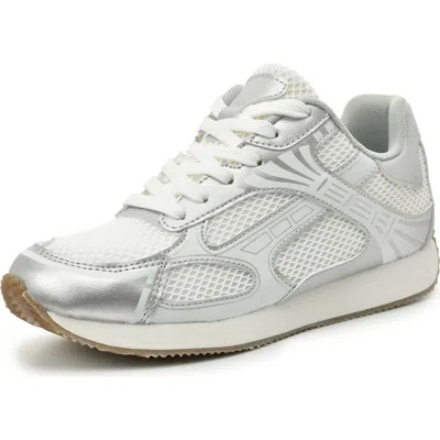 Nicole Miller Metallic Mesh Sneaker In White Silver