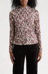 Nicole Miller Mock Neck Long Sleeve Ruched Mesh Top In Multi