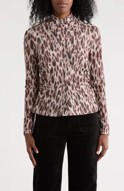 Nicole Miller Mock Neck Long Sleeve Ruched Mesh Top In Multi