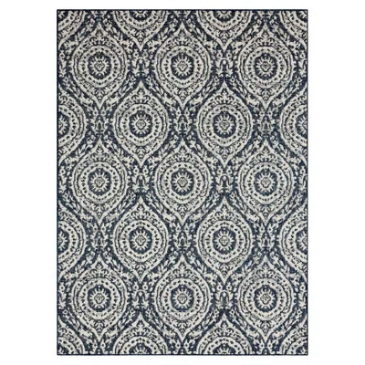 Nicole Miller New York Patio Country Zoe Moroccan Damask Indoor/outdoor Area Rug, Navy Blue/ivory In Navy Blue,ivory