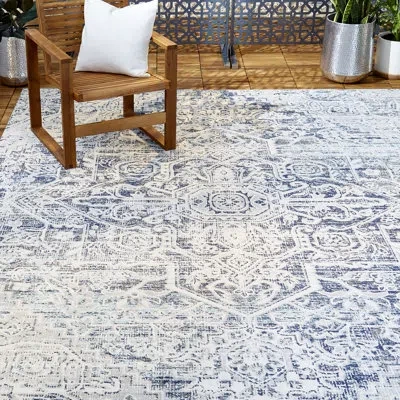 Nicole Miller New York Patio Sofia Medallion Indoor/outdoor Area Rug, Navy Blue/aqua In Navy Blue,aqua